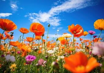 Red poppies and other flowers in field against blue sky, blooming bright spring wild flowers colorful nature Generative AI
