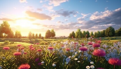 Obraz premium Sun drenched spring summer panoramic landscape green meadow with wild flowers against blue sky, clouds and forest, nature picture Generative AI