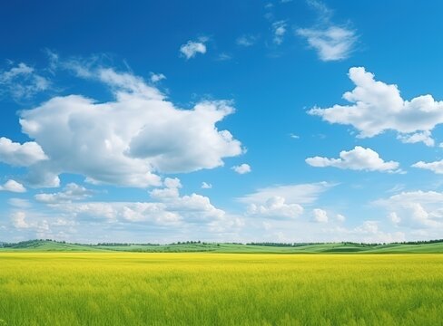 Yellow green field of farmland, image with hills and blue sky with clouds on horizon, panoramic landscape Generative AI