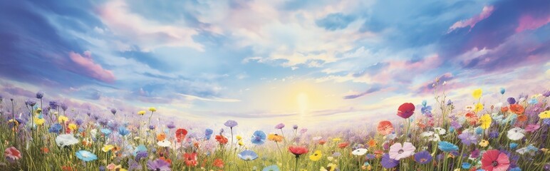 Fototapeta na wymiar Cosmos flowers pink, lilac and white on meadow against blurred blue sky with clouds, spring summer landscape of flower field pastoral airy artistic image nature illustration Generative AI