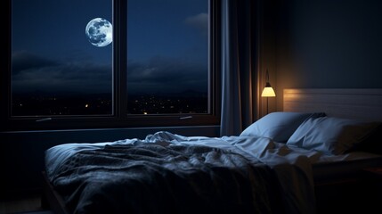 bedroom with moon in window night view - obrazy, fototapety, plakaty