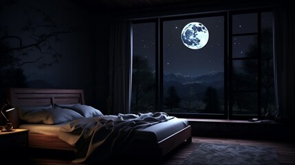 bedroom with moon in window night view
