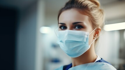 European mid pleased dentist woman in face mask working in dental clinic, Young female dentist posing for the camera in her office while wearing a face mask, generative ai