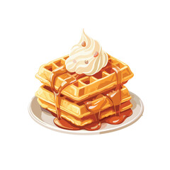 waffle dish on plate with cream and sweet honey illustration