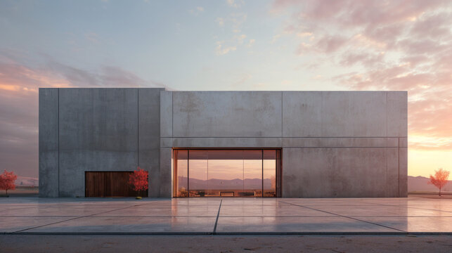 An industrial building with a large glass door and trees in front. Architecture at golden hour. Lonely environment. industrial landscape. Liminal spaces.