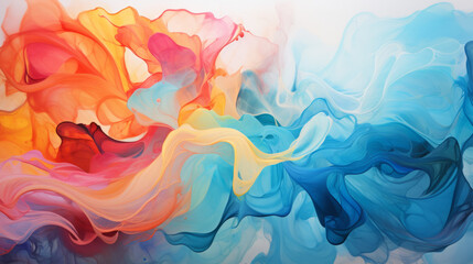 Abstract artwork, colorful smoke or coloured dye in water. Vibrant and colourful. Wallpaper artwork. Colorful swirls of paint in water.