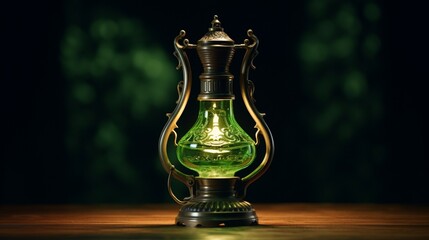 Fototapeta na wymiar Glowing Heritage: Vintage Oil Lamp in Verdant Green