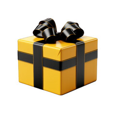 Yellow Gift Box with Black Bow Isolated on Transparent or White Background, PNG