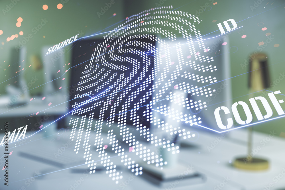 Poster abstract creative fingerprint illustration on modern computer background, personal biometric data co