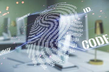 Abstract creative fingerprint illustration on modern computer background, personal biometric data...