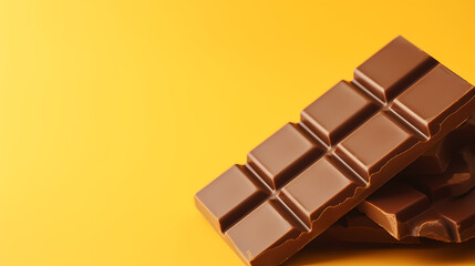 Chocolate bars on yellow background, closeup, space for text, copy space