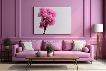 Lilac room with sofa and tables with lilac wall on lilac background, Pastel Lilac, Blue Atoll, Fashion Color Trend