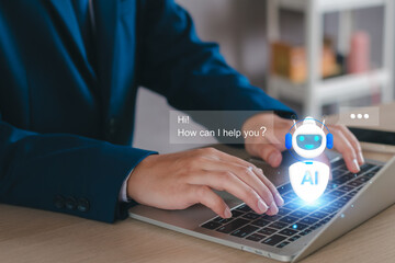 Chat robot ai assistant concept. Businessman show command prompt to smart ai chatbot. Modern...