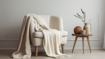 A cosy house decorated with modern living room interior, ivory fabric armchair, stool and plant. Generative AI