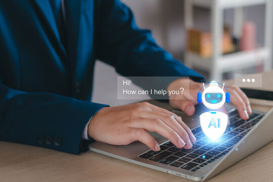 Chat robot ai assistant concept. Businessman show command prompt to smart ai chatbot. Modern technology ai or artificial intelligence service business analysis. Futuristic technology transformation.