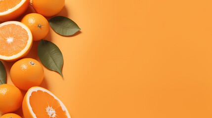 Orange fruit on orange background. Flat lay, top view, copy space