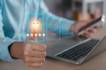 Customer survey satisfaction and customer opinion review concept. Customer rate satisfaction 5 stars, happy experience feedback, satisfaction survey, poll, excellent quality service guarantee.