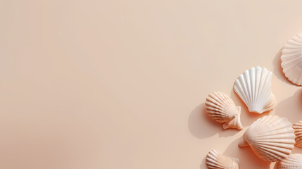 Seashells on pastel beige background. Minimal summer concept.