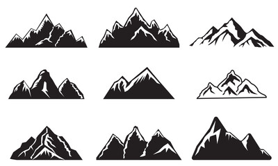 Mountain vector set. Black Mountain Silhouettes, hill, symbol, Clipart. Vintage mountains icons collection Set of hill shapes isolated on white background. Mountain peak silhouettes.