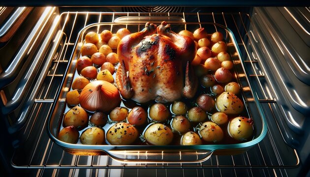 Poulet r&ocirc;ti et pommes de terre dans un four
