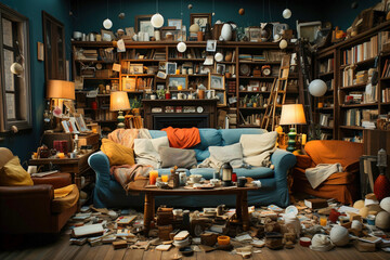 A messy and tidy living room with all kinds of things scattered on the floor. Ð’ots of clutter. - obrazy, fototapety, plakaty