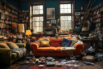 A messy and tidy living room with all kinds of things scattered on the floor. Ð’ots of clutter. - obrazy, fototapety, plakaty