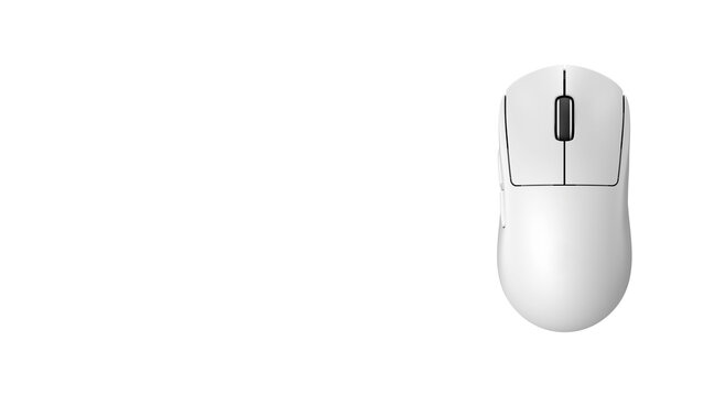 Top view closeup of white computer mouse, isolated on white copy-space background.