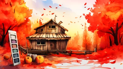 Keuken foto achterwand Halloween background with pumpkins and old wooden house in an autumn forest. © Narin