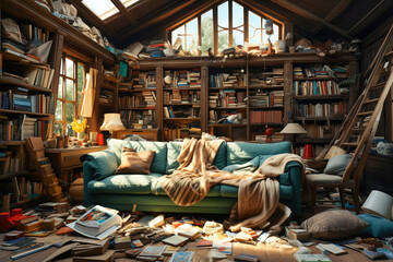 Fototapeta premium A messy and tidy living room with all kinds of things scattered on the floor. Ð’ots of clutter.