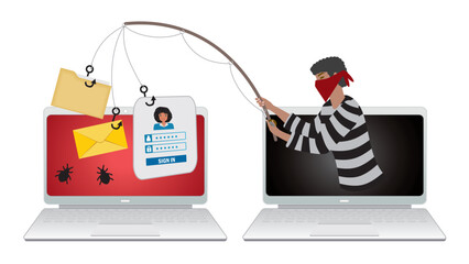Phishing, theft online. Man with fishing rood taking items from other computer. Security and advices. Isolated. Vector illustration.