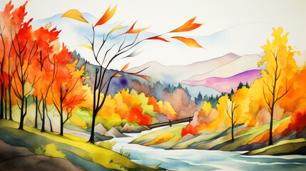 Watercolor autumn landscape with colorful forest. 