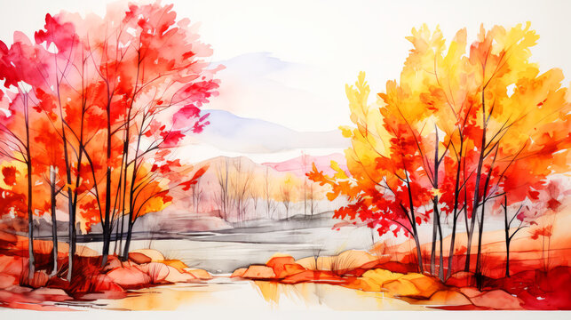Autumn landscape with colorful trees and lake. Digital watercolor painting.