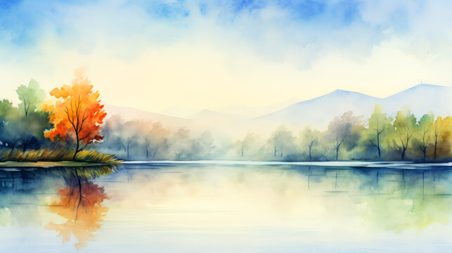 Autumn landscape with lake and mountains. Digital watercolor painting.