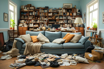 A messy and tidy living room with all kinds of things scattered on the floor. Ð’ots of clutter.