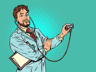 Healthcare and medical institutions under government agencies. A professional at work. A male doctor listens to a patient. Pop Art Retro - 687541670