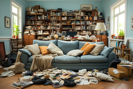 A messy and tidy living room with all kinds of things scattered on the floor. Ð’ots of clutter.