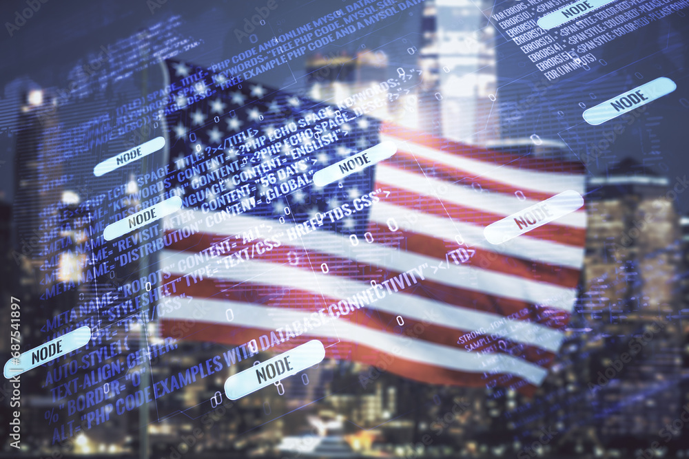 Poster multi exposure of abstract graphic coding sketch and world map on us flag and skyline background, bi