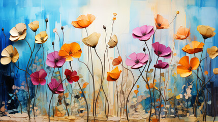 Poppies on the background of a blue wall.