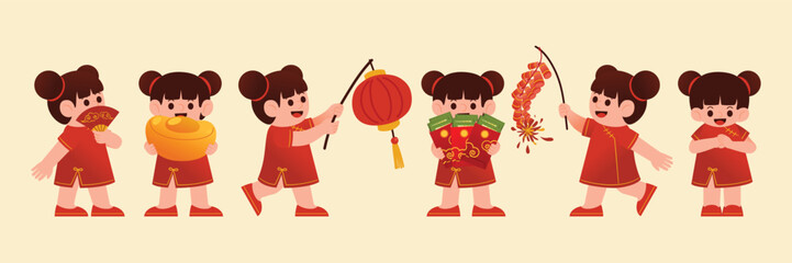 Chinese New Year Celebration with Girls in Traditional Costume, Vector, Illustration