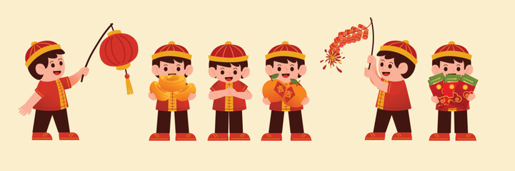 Chinese New Year Celebration with Boys in Traditional Costume, Vector, IllustrationVector, Illustration