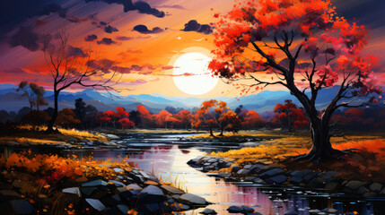 Autumn landscape with colorful trees, river and sunset. Digital painting.