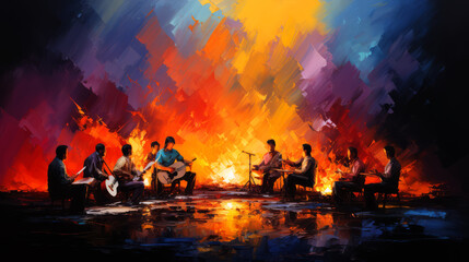 Indian people playing musical instruments on fire with colorful background, Digital painting. - obrazy, fototapety, plakaty