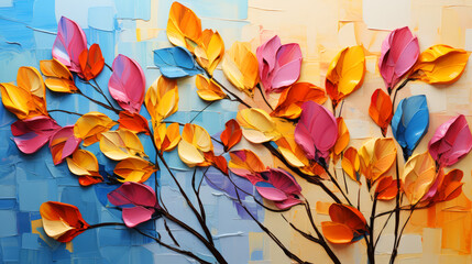 Colorful paper flowers on a tree branch. Abstract background. 