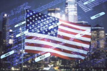 Multi exposure of abstract graphic coding sketch and world map on US flag and skyline background,...
