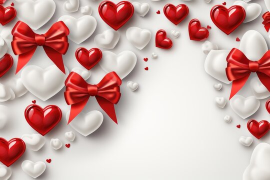 Red Hearts with bows on a white background. Valentine's Day banner, wedding invitation, illustration