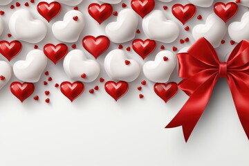 Red Hearts with bows on a white background. Valentine's Day banner, wedding invitation, illustration
