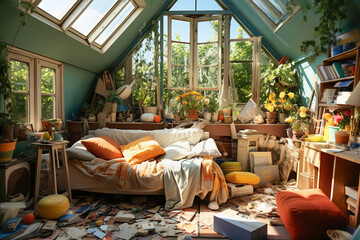 A messy and tidy child's bedroom with all kinds of things scattered on the floor. - obrazy, fototapety, plakaty
