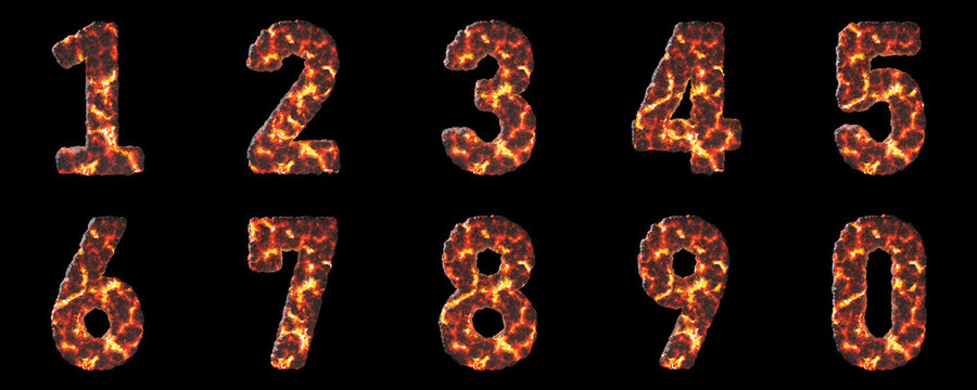 3D object with lava or magma surface. Hot fire. Numbers are 0, 1, 2, 3, 4, 5, 6, 7, 8 and 9 in black background. Fire or combustible coal. Objects with clipping path. 3D Illustration.