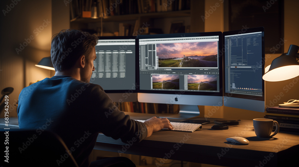 Poster a man working on the screen video edit timeline generate ai