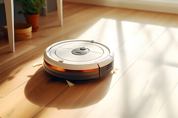 Robot vacuum cleaner on the floor in the living room close-up